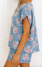Load image into Gallery viewer, Pre-Order Blue Retro Floral Print Cuffed Short Sleeve Denim Top and Shorts Set