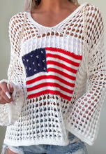 Load image into Gallery viewer, Pre-Order White Hollow Out Crochet Knit American Flag Patched Sweater Hoodie