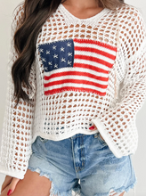 Load image into Gallery viewer, Pre-Order White Hollow Out Crochet Knit American Flag Patched Sweater Hoodie