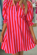 Load image into Gallery viewer, Pre-Order Red Stripe Half Button Puff Sleeve Loose Mini Dress