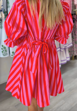 Load image into Gallery viewer, Pre-Order Red Stripe Half Button Puff Sleeve Loose Mini Dress