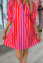 Load image into Gallery viewer, Pre-Order Red Stripe Half Button Puff Sleeve Loose Mini Dress