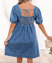 Load image into Gallery viewer, Pre-Order  Blue Button Square Neck Short Puff Sleeve Denim Mini Dress