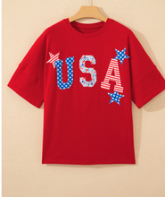 Load image into Gallery viewer, Pre-Order Fiery Red Patriotic USA Slogan Patch Embroidery Short Sleeve T Shirt