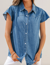 Load image into Gallery viewer, Pre-Order Dusk Blue Ruffled Short Sleeve Denim Shirt