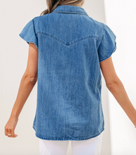 Load image into Gallery viewer, Pre-Order Dusk Blue Ruffled Short Sleeve Denim Shirt
