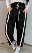 Load image into Gallery viewer, Pre-Order Black Contrast Striped Smocked Waist Drawstring Cropped Casual Pants