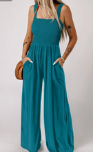 Load image into Gallery viewer, Pre-Order Peacock Blue Smocked Square Neck Sleeveless Jumpsuit with Pockets