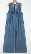 Load image into Gallery viewer, Pre-Order Dusk Blue Acid Wash Pintuck Tie V Neck Denim Wide Leg Jumpsuit