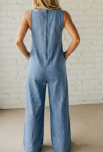 Load image into Gallery viewer, Pre-Order Dusk Blue Acid Wash Pintuck Tie V Neck Denim Wide Leg Jumpsuit