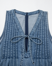 Load image into Gallery viewer, Pre-Order Dusk Blue Acid Wash Pintuck Tie V Neck Denim Wide Leg Jumpsuit