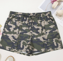 Load image into Gallery viewer, Pre-Order Green Tie Elastic Waist Pocketed Plus Size Camo Shorts