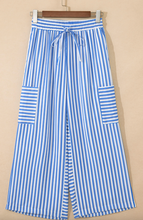 Load image into Gallery viewer, Pre-Order Sky Blue Stripe Drawstring Elastic Waist Patch Pocket Wide Leg Ankle-length Pants