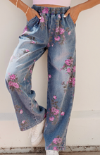 Load image into Gallery viewer, Pre-Order Beau Blue Floral Print Elastic Waist Pull On Casual Jeans