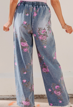 Load image into Gallery viewer, Pre-Order Beau Blue Floral Print Elastic Waist Pull On Casual Jeans