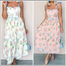 Load image into Gallery viewer, Pre-Order Floral Print Contrast Trim Self-tie Straps High Waist Midi Dress