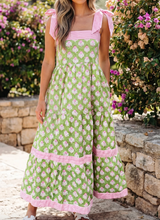 Load image into Gallery viewer, Pre-Order Green Floral Print Striped Detail Knot Straps Maxi Dress