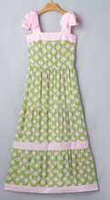Load image into Gallery viewer, Pre-Order Green Floral Print Striped Detail Knot Straps Maxi Dress