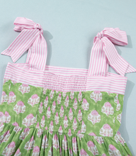 Load image into Gallery viewer, Pre-Order Green Floral Print Striped Detail Knot Straps Maxi Dress