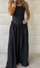 Load image into Gallery viewer, Pre-Order Black Spaghetti Straps Drop Waist Ribbed Patchwork Maxi Dress