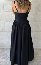 Load image into Gallery viewer, Pre-Order Black Spaghetti Straps Drop Waist Ribbed Patchwork Maxi Dress