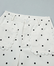 Load image into Gallery viewer, Pre-Order White Polka Dot Print Scalloped Patch Pocket Cotton Shift Pants