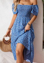 Load image into Gallery viewer, Pre-Order Blue Ditsy Floral Print Smocked Square Neck Ruffle Short Sleeve Dress
