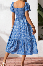 Load image into Gallery viewer, Pre-Order Blue Ditsy Floral Print Smocked Square Neck Ruffle Short Sleeve Dress