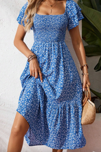 Load image into Gallery viewer, Pre-Order Blue Ditsy Floral Print Smocked Square Neck Ruffle Short Sleeve Dress