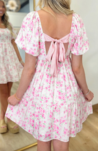 Load image into Gallery viewer, Pre-Order Pink Floral Print Square Neck Ribbon Knot Back Cute Mini Dress