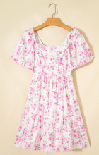 Load image into Gallery viewer, Pre-Order Pink Floral Print Square Neck Ribbon Knot Back Cute Mini Dress