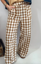 Load image into Gallery viewer, Pre-Order Brown Gingham Plaid Tie Elastic Waist Shift Pants