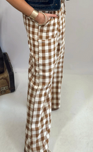 Load image into Gallery viewer, Pre-Order Brown Gingham Plaid Tie Elastic Waist Shift Pants