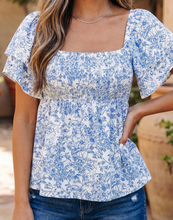 Load image into Gallery viewer, Pre-Order Sky Blue Floral Print Square Neck Ruffled Sleeve Shirred Babydoll Blouse