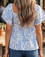 Load image into Gallery viewer, Pre-Order Sky Blue Floral Print Square Neck Ruffled Sleeve Shirred Babydoll Blouse