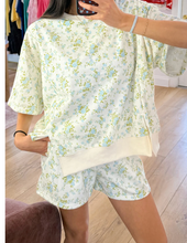 Load image into Gallery viewer, Pre-Order Sky Blue Floral Print Short Sleeve Elastic Waist Pocket Casual Two Piece Short Sets