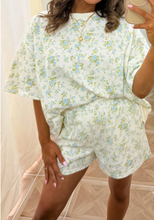 Load image into Gallery viewer, Pre-Order Sky Blue Floral Print Short Sleeve Elastic Waist Pocket Casual Two Piece Short Sets