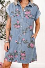 Load image into Gallery viewer, Pre-Order Sky Blue Denim Floral Print Cuffed Short Sleeve Button Down Shift Dress