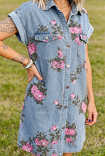 Load image into Gallery viewer, Pre-Order Sky Blue Denim Floral Print Cuffed Short Sleeve Button Down Shift Dress