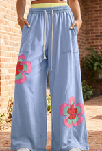 Load image into Gallery viewer, Pre-Order Blue Color Block Flower Patchwork Drawstring Contrasted Elastic Waist Wide Leg Pants (Copy)