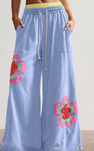 Load image into Gallery viewer, Pre-Order Blue Color Block Flower Patchwork Drawstring Contrasted Elastic Waist Wide Leg Pants (Copy)