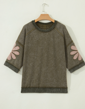 Load image into Gallery viewer, Pre-Order Breen Mineral Wash Raw Seam Patchwork Flower Patched 3/4 Sleeve Oversize Top