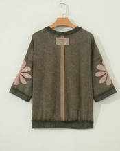 Load image into Gallery viewer, Pre-Order Breen Mineral Wash Raw Seam Patchwork Flower Patched 3/4 Sleeve Oversize Top