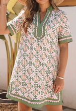 Load image into Gallery viewer, Pre-Order Multicolour Boho Geometric Flower Print Short Sleeve Loose Mini Dress