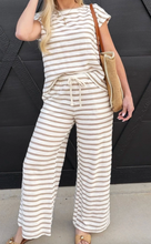 Load image into Gallery viewer, Pre-Order Khaki Stripe Cap Sleeve Tee Drawstring Shift Pants 2pcs Outfit