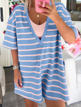 Load image into Gallery viewer, Pre-Order Sky Blue Stripe V Neck Short Sleeve Double Wear Loose Romper
