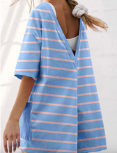 Load image into Gallery viewer, Pre-Order Sky Blue Stripe V Neck Short Sleeve Double Wear Loose Romper