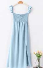 Load image into Gallery viewer, Pre-Order Sky Blue Off Shoulder Ruched Bust Sheer Slit Maxi Dress