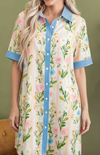 Load image into Gallery viewer, Pre-Order Multicolour Floral Print Striped Trim Button Down Shift Dress