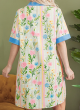 Load image into Gallery viewer, Pre-Order Multicolour Floral Print Striped Trim Button Down Shift Dress